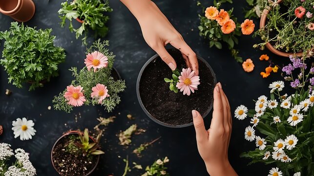 Planting a pink flower in a pot surrounded by vibrant blossoms in a gardening activity on a sunny afternoon