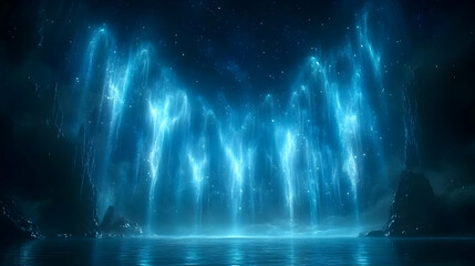 Fantasy Landscape with Blue Lights and Water - Digital Illustration