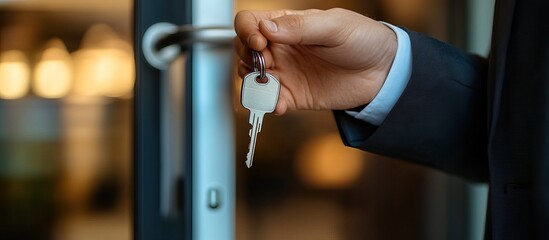 Obraz premium Hand Holding a Key In Front of a Door
