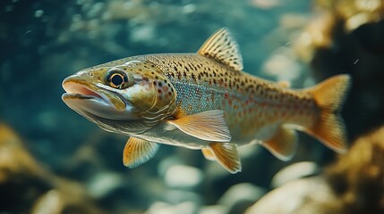 Fototapeta premium Close-up of a Brown Trout Swimming in Clear Water