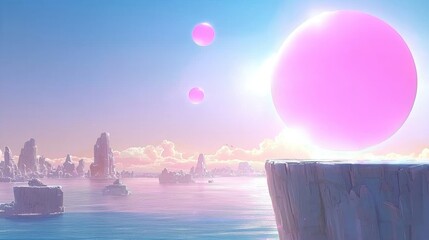 Fototapeta premium Enchanting Celestial Dreamscape with Glowing Orbs Floating over Surreal Cliff Edged Seascape