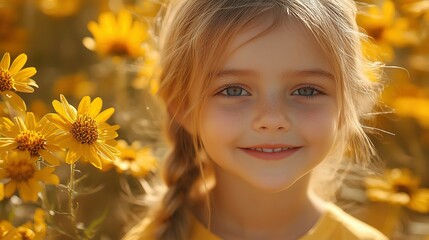 Fototapeta premium Portrait of a Young Girl with Freckles in a Field of Yellow Flowers