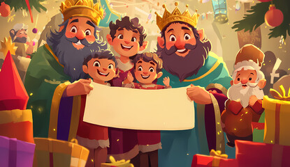 Cute cartoon characters of the Three Kings holding gifts and carrying a large banner with space for text, a colorful illustration in a children's book style, with a decorated backgrou  Generative AI .