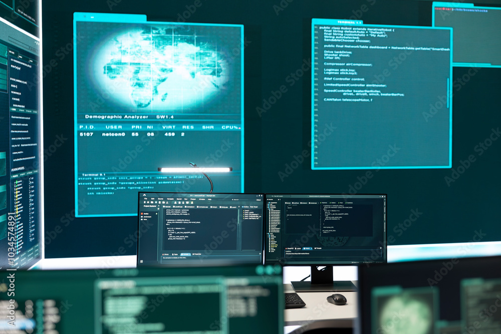 Poster empty cyber operations center for governmental hacking and threat detection. equipped with technolog