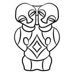 Two headed idol. Neolithic human figurine from Vinča culture, Serbia. Black and white linear silhouette.