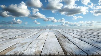 Whitewashed Wooden Plank Background with Blue Sky and Fluffy Clouds