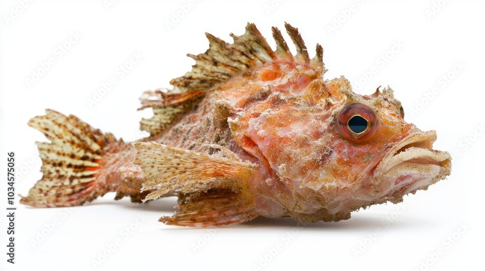 Poster detailed representation highlights the distinct structure and colors of a scorpionfish which is know