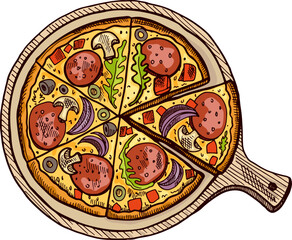 Pizza slices on wooden board. Tasty italian food