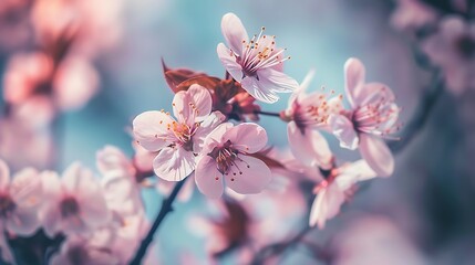 The elegance of delicate pink sakura blossoms captured in a close-up view with a dreamy blurred background of additional flowers under a clear blue sky celebrating the beauty of spring