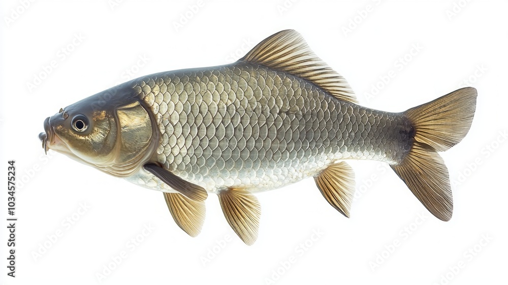Poster silver carp displays its distinct coloration and scale patterns against a clean white backdrop. the 