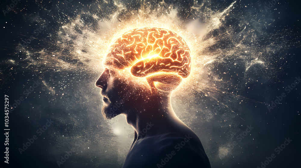 Aufkleber a man with a glowing brain concept, the back view of the head is open, and inside it, there are ligh