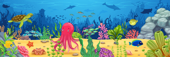 Cartoon underwater game landscape with undersea animals and fishes, vector background. Underwater world adventure game landscape with funny octopus, sea turtle and dolphins with manta rays in ocean