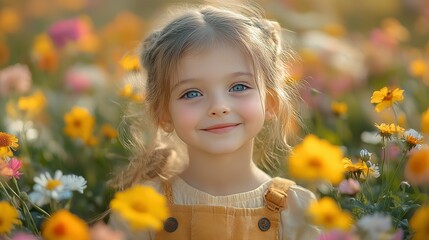 Fototapeta premium A Little Girl Smiles Amidst a Field of Yellow Flowers
