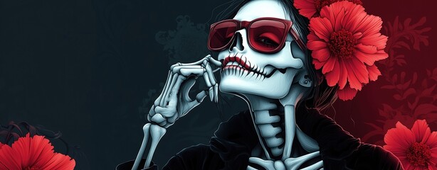 Stylized skeleton woman wearing red sunglasses surrounded by vibrant red flowers on dark background exudes a confident and edgy vibe showcasing unique blend of beauty and mortality
