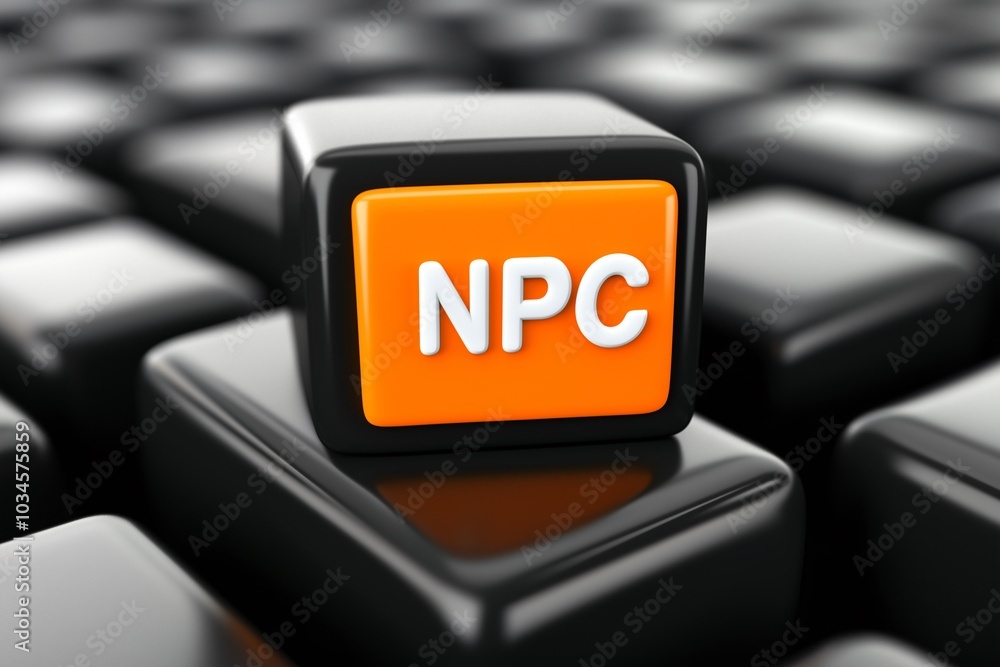 Fototapete Close-up view of a black keyboard featuring an orange key labeled NPC, symbolizing gaming elements in a digital environment
