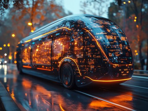 Electric vehicle with digital advertising displays on the road in a modern urban setting - Powered by Adobe