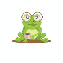 Fototapeta premium A funny green frog with glasses holding a cup of coffee. Flat style illustration