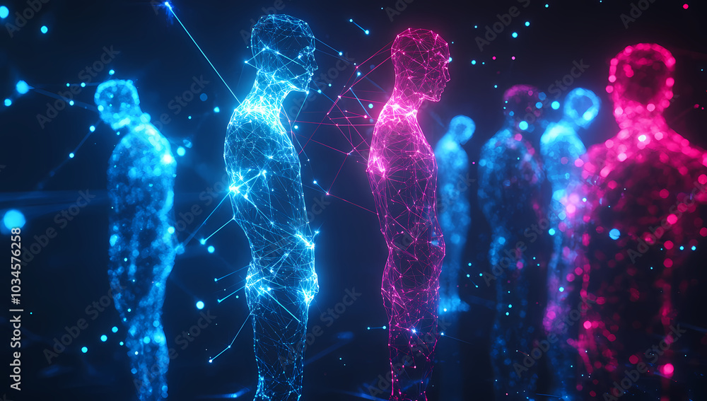Aufkleber abstract digital background with glowing lines and figures of people connected by threads in shades 