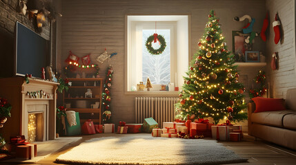3D illustration of a festive Christmas tree in a cozy living room   