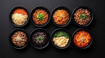 assortment of korean dishes in black bowls on dark background for asian culinary theme