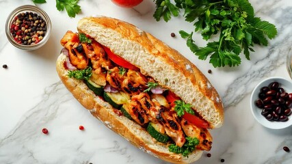 Tasty sandwich with grilled vegetables, fresh tomato and spices on white marble table, flat lay. Space for text Video