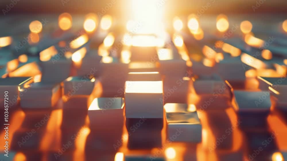 Poster mesmerizing view of glowing multicolored cubes reflecting sunlight, creating an abstract perspective