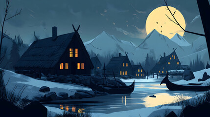 Illustration of Viking houses set in a dark, atmospheric landscape   