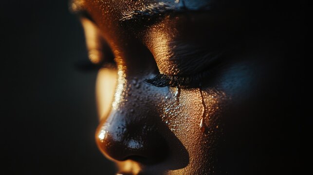 A single tear on a face illuminated by soft light, symbolizing emotional vulnerability, healing, and the power of letting go
