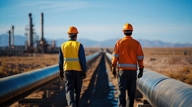 Two engineers walking along pipeline at refinery - Powered by Adobe