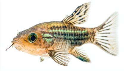 Fototapeta premium Emerald Corydoras engages in its natural behavior displaying its striped patterns and iridescent hues in a pristine white setting highlighting its beauty.