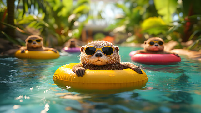otters floating in a lazy river at a water park