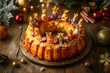 A photo of a regal crown on top, a tiny king's cake with golden decoration and white sprinkles, placed on a wooden table, with a blurred background and soft lighting. 