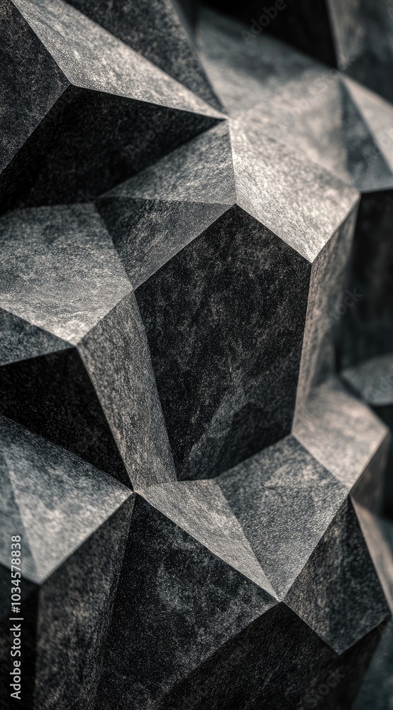 Poster close-up of a textured, geometric surface with angular facets and shadows.
