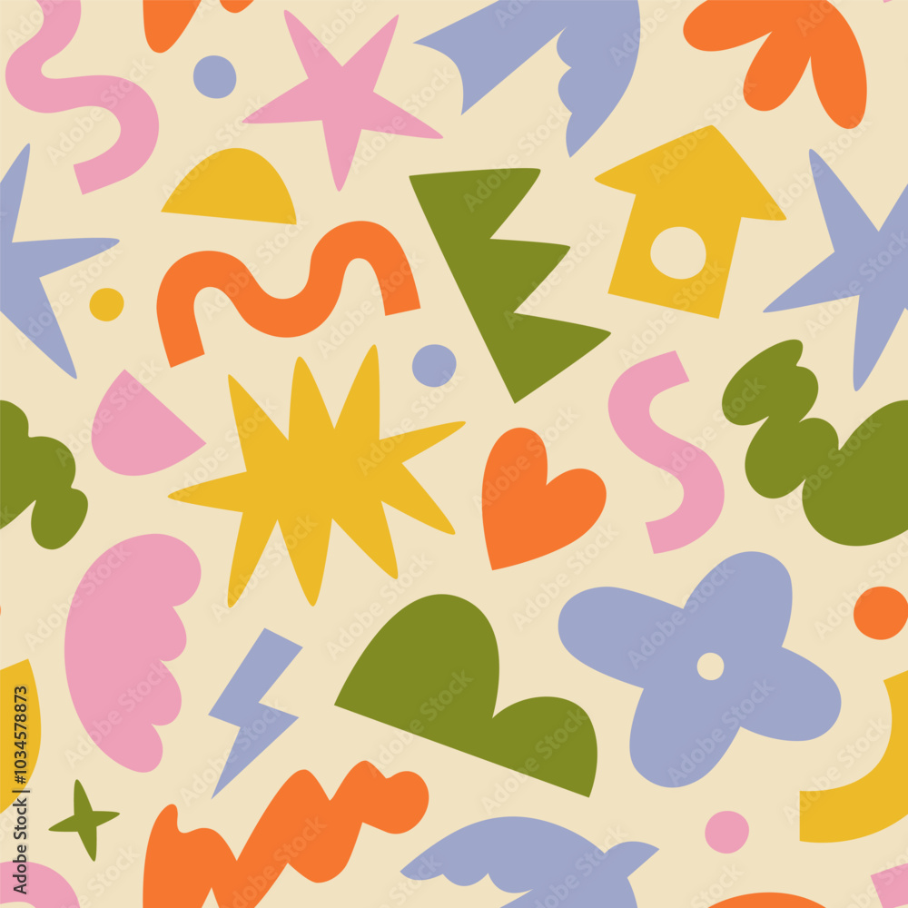 Poster fun colorful geometric shape seamless pattern. creative abstract children style art background for k