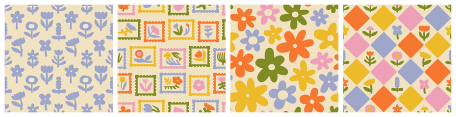Colorful abstract flower art seamless pattern set. Checkered nature floral background in vintage style. Spring season post card stamp sticker decoration texture, geometric drawing print collection. © Dedraw Studio