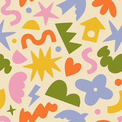 Fun colorful geometric shape seamless pattern. Creative abstract children style art background for kids, trendy design with organic geometry shapes. Simple childish wallpaper texture. © Dedraw Studio