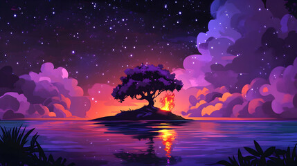 Illustration of a small island in an ocean surrounded by stars and purple clouds, featuring a burning tree   