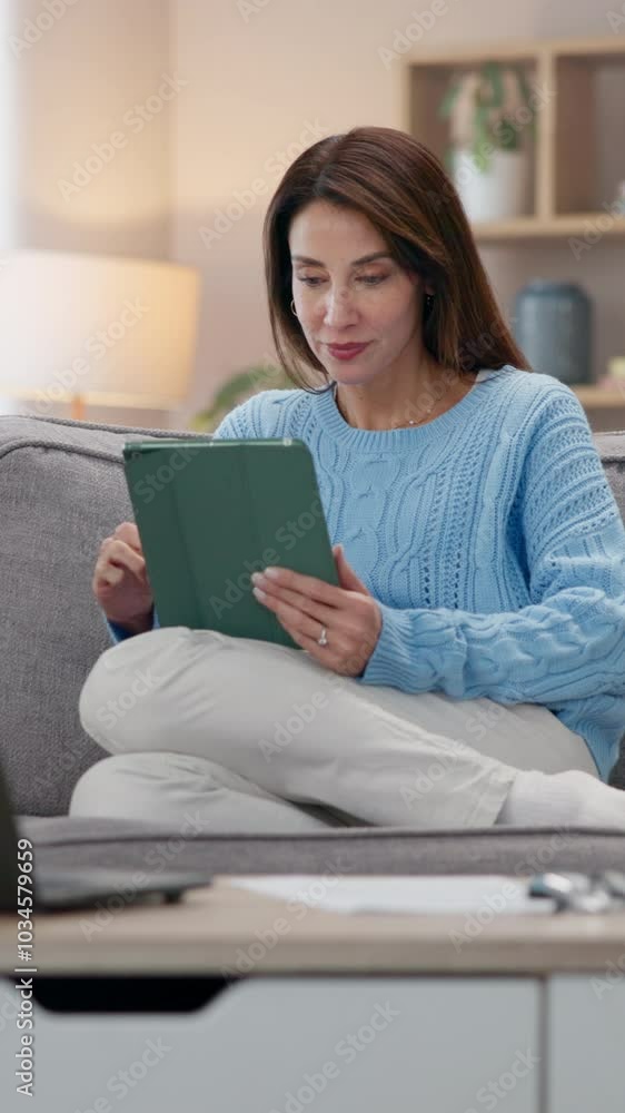 Poster woman, tablet and relax on couch with research, scroll and internet for digital app and connection. 
