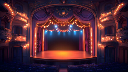 Illustration of an empty theater stage illuminated by warm lighting, ready for action   