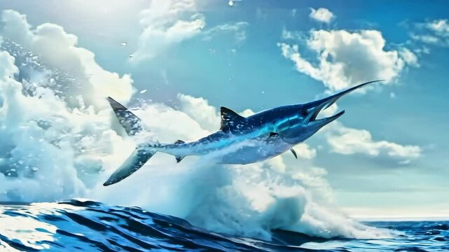 Energetic marlin leaping out of ocean spray, Video