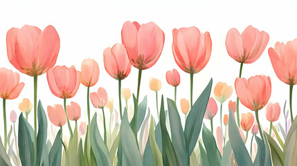 Illustration of pink tulips in a garden against a white background   