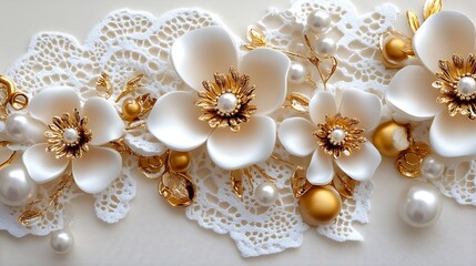 Obraz premium White Flowers with Gold Accents and Pearls on Lace Background