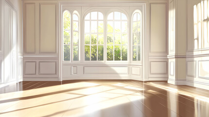 Spacious room with white walls and large window, illustration   
