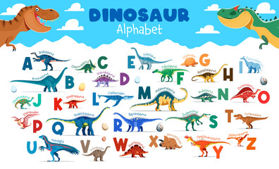 Kids dinosaurs alphabet with cartoon dino characters and eggs vector typography set. Uppercase letters with prehistoric dinosaurs, children education poster. Cute dino animals english alphabet letters © Vector Tradition