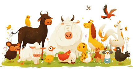 A colorful collection of farm animals, including chickens, cows, sheep, and rabbits gathered in a lush green pasture on a bright sunny day in a rural setting