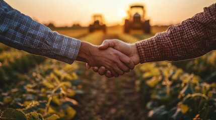 Two hands shake in a field during sunset with tractors in the background, symbolizing collaboration and support in American agriculture.
