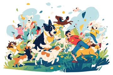 A joyful gathering of playful dogs enjoying a sunny day in the park with colorful balloons floating overhead and lush green grass under a bright blue sky