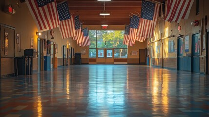 The image depicts a bright hallway adorned with American flags, reflecting a welcoming atmosphere for voters during the election process.
