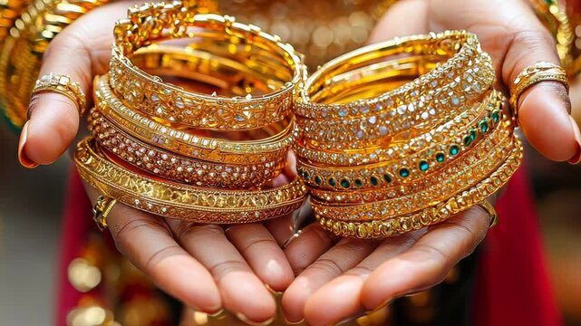 A woman is holding up her hands with a variety of gold bangles and bracelets Video