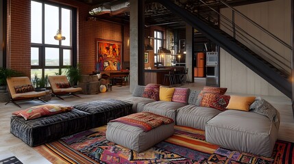 59. A trendy urban loft with industrial decor and an open area for a product